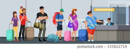 People queue at registration. Check in process. Administrator receptionist sitting at desk counter and checking passenger document for flight. Passport control. Airport terminal interior People queue at registration. Check in process. Administrator receptionist sitting at desk counter and checking passenger document for flight. Passport control. Airport terminal interior 133822719