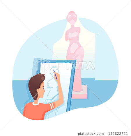 Artist drawing a picture. Lesson in art studio. Talented male student drawing statue sketch. Artist training courses, education. Cartoon vector illustration 133822721