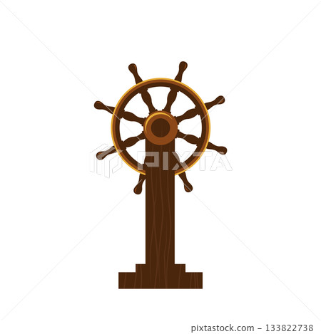 Wooden ship wheel with vintage maritime design featuring eight spokes and sturdy base. Classic helm for steering sailing vessels. Navigation, adventure and pirate design. Cartoon vector illustration 133822738