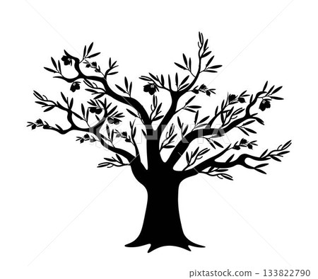 Black silhouette of olive tree with thick trunk, branches and olives. Classic Mediterranean tree. Food, farming, agriculture, botanical themes. Flat vector illustration isolated on transparent Black silhouette of olive tree with thick trunk, branches and olives. Classic Mediterranean tree. Food, farming, agriculture, botanical themes. Flat vector illustration isolated on transparent 133822790