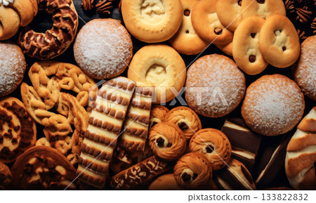 still life of cookies with chocolate on a wooden table, dark background, delicious pastries 133822832