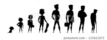 Man life cycle. Black silhouettes of male characters in various life stages. Infancy, childhood, maturity and senility. Baby, teenager, adult and senior. Flat vector illustrations set Man life cycle. Black silhouettes of male characters in various life stages. Infancy, childhood, maturity and senility. Baby, teenager, adult and senior. Flat vector illustrations set 133822872