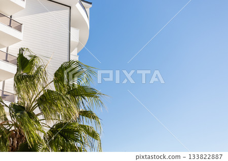 A sunny scene features vibrant palm trees beside a modern white building. The clear blue sky creates a relaxed atmosphere, perfect for enjoying the outdoors A sunny scene features vibrant palm trees beside a modern white building. The clear blue sky creates a relaxed atmosphere, perfect for enjoying the outdoors 133822887