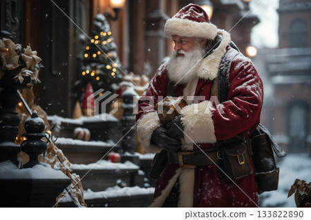 Santa is walking down a city street, with gifts, winter, snow, holiday decorations 133822890