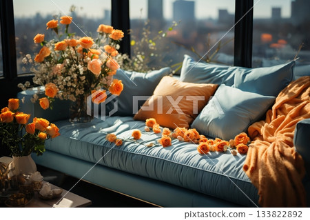 vase with flowers on table in modern interior of living room in apartment, furniture, sofa and pillows, beautiful view outside the window of modern metropolis with skyscrapers 133822892
