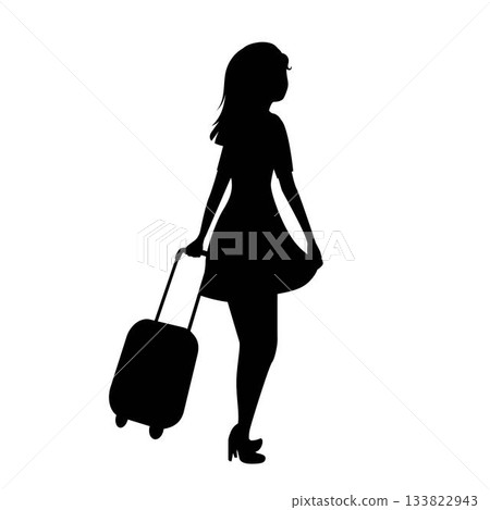 Black silhouette of stylish woman walking with suitcase, dressed in elegant dress and high heels. Travel, vacation, tourism banner, poster. Cartoon vector Illustration isolated on transparent Black silhouette of stylish woman walking with suitcase, dressed in elegant dress and high heels. Travel, vacation, tourism banner, poster. Cartoon vector Illustration isolated on transparent 133822943