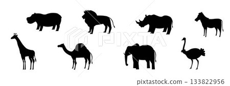 Set of African animal silhouettes in black color, including ostrich, crocodile, lion, camel, rhino, giraffe, elephant, zebra, and hippo. Minimalistic wildlife vector illustrations 133822956