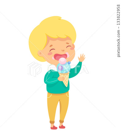 Child enjoying a colorful ice cream cone while smiling happily on a sunny day in a playful setting 133822958
