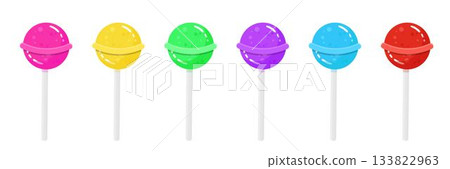 Lollipops of various colors. Delicious round hard caramels on stick isolated on transparent background. Sweet confection, candy shop products. Tasty desserts. Flat vector illustrations set 133822963