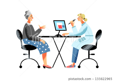 Old patient and doctor. Elderly woman consulting female doctor at desk with computer. Medical consultation, healthcare discussion, senior patient and physician appointment. Vector illustration Old patient and doctor. Elderly woman consulting female doctor at desk with computer. Medical consultation, healthcare discussion, senior patient and physician appointment. Vector illustration 133822965