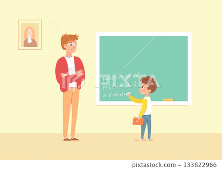 Teacher and student at blackboard solving math formulas. Boy writes algebra equations while teacher watches. Classroom scene with chalkboard, portrait, and educational atmosphere. Vector illustration Teacher and student at blackboard solving math formulas. Boy writes algebra equations while teacher watches. Classroom scene with chalkboard, portrait, and educational atmosphere. Vector illustration 133822966