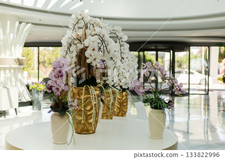 Elegant orchids and unique flower displays enhance the ambiance of a luxurious lobby. The bright and airy space showcases sophisticated interior design elements Elegant orchids and unique flower displays enhance the ambiance of a luxurious lobby. The bright and airy space showcases sophisticated interior design elements 133822996