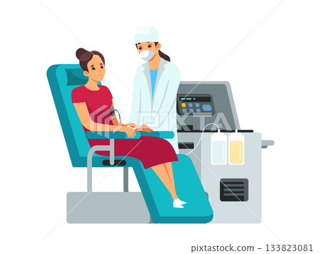 Blood donation process. Female donor sitting in medical chair with IV line, nurse standing nearby with equipment. Healthcare concept, voluntary blood donate. Flat vector illustration 133823081