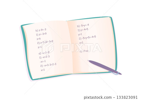 Open math notebook with equations. Flat vector illustration of exercise book with solved algebra problems and pen on white background. Study, learning, school, and mathematics education concept 133823091