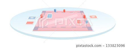 Board game setup with pink playing field, red and blue house tokens, and colored cards on round table. Minimalist style with soft pastel colors and clean composition. Flat cartoon vector illustration 133823096