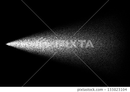 Dot grain spray. Aerosol flow with noise texture, color gradation and shadow effect. Abstract white vector illustration isolated on black background 133823104