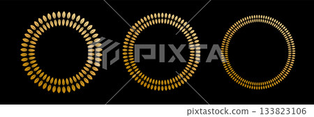 Gold laurel wreath. Winner medal award set vector illustration. Golden branch of olive leaves of victory symbol, insignia emblem decoration design, triumph honor champion prize isolated on black Gold laurel wreath. Winner medal award set vector illustration. Golden branch of olive leaves of victory symbol, insignia emblem decoration design, triumph honor champion prize isolated on black 133823106