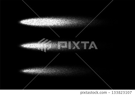 Dot grain spray. Aerosol flow with noise texture, color gradation and shadow effect. Ellipse dotted sprayed flow. Abstract white vector illustration set isolated on black background 133823107