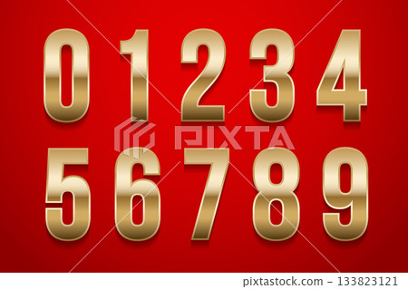 Golden metal numbers isolated on red background. Collection of birthday 3D gold numbers from 0 to 9. Luxury bright metallic font. Vector design elements for party, holiday, sale, promotion, postcard 133823121