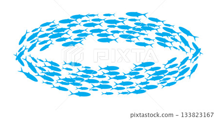 Fish group swimming. School of bluefish. Silhouette of group of sea fishes. Abstract vector illustration isolated on transparent 133823167