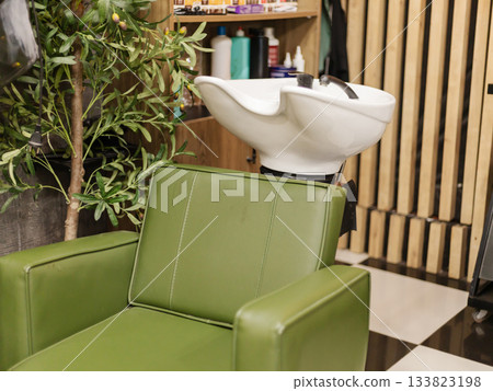 A vibrant green salon chair is positioned beside a sleek hair washing station. The setting is stylish, with wooden shelves displaying hair products, creating a modern and inviting atmosphere A vibrant green salon chair is positioned beside a sleek hair washing station. The setting is stylish, with wooden shelves displaying hair products, creating a modern and inviting atmosphere 133823198