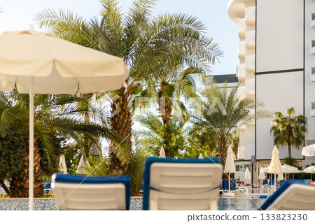 Relaxation takes center stage on this sunny day by the pool, where palm trees sway and white umbrellas provide shade at a resort hotel. A perfect getaway spot Relaxation takes center stage on this sunny day by the pool, where palm trees sway and white umbrellas provide shade at a resort hotel. A perfect getaway spot 133823230