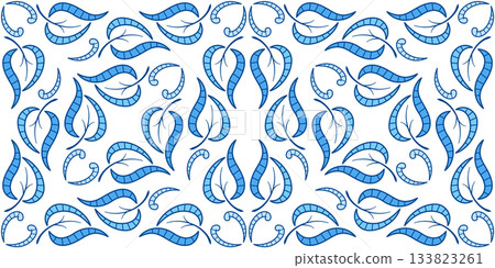 Elegant plant classic seamless pattern. Blue curved leaves on white background. Traditional painted ceramic tiles. Diagonal blue floral ornament 133823261