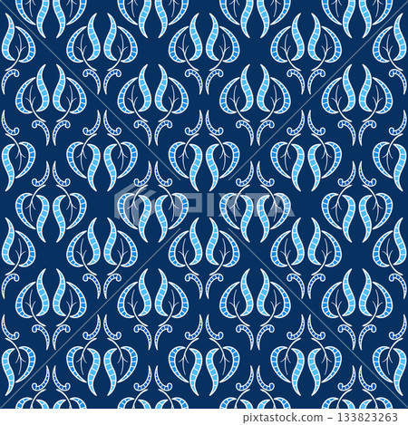 Elegant plant seamless pattern in classic style. Blue curved leaves on dark blue background. Traditional vintage monochrome blue floral ornament Elegant plant seamless pattern in classic style. Blue curved leaves on dark blue background. Traditional vintage monochrome blue floral ornament 133823263