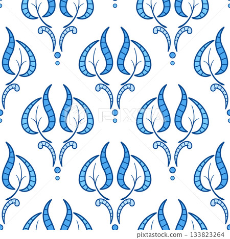 Vintage cutwork embroidery. Monochrome blue floral ornament. Blue curved leaves on white background. Plant seamless pattern in classic ancient style 133823264