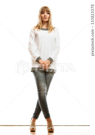 blonde fashionable woman in white shirt blonde fashionable woman in white shirt 133823378