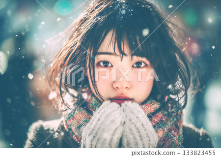 A young woman with dark hair wearing a scarf standing in the snow 133823455