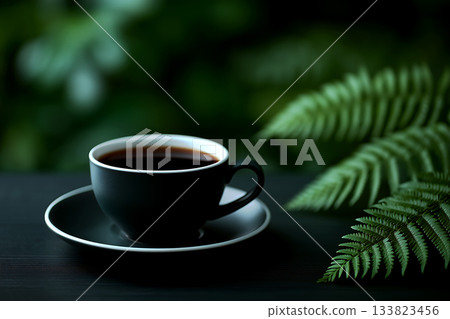 Fern leaves and black cup of coffee 133823456