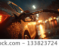 City gas station. close-up of a car refueling at a gas station in rainy weather in the evening 133823724