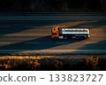 A truck with a fuel tanker moves along the highway, top view 133823727