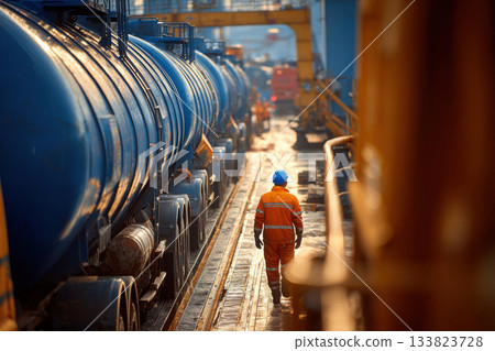 An oil refinery. worker walks along tanks 133823728
