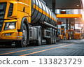 A close-up of a truck with a tanker at a gas station 133823729