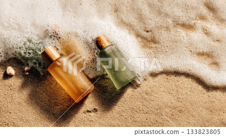Bottles of liquid on sandy beach 133823805