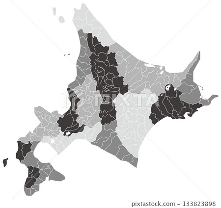 可分割的北海道地圖,依地區局顏色編碼,單色 可分割的北海道地圖,依地區局顏色編碼,單色 133823898