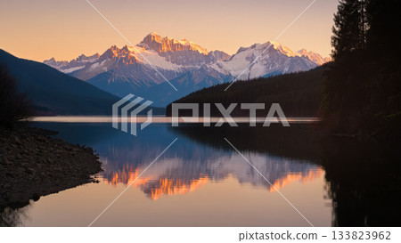 Majestic mountainous landscape at dusk over a calm lake with snow capped mounts reflecting in the calm lake at sunrise. The glowing peaks are framed by dark, forested hills 133823962