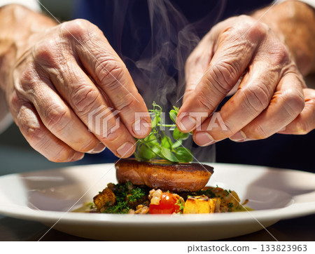Chef hands delicately place fresh microgreens atop a perfectly seared fillet. The steak rests on a bed of vegetables with steam rising from the hot dish. Gourmet cooking and plating Chef hands delicately place fresh microgreens atop a perfectly seared fillet. The steak rests on a bed of vegetables with steam rising from the hot dish. Gourmet cooking and plating 133823963