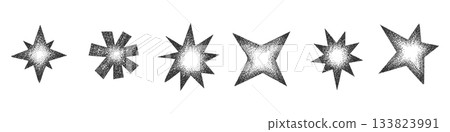 Stippling dots halftone grainy gradient stars set. Vintage vector elements collection for Christmas or New Year decor isolated on transparent background. Stippling dots halftone grainy gradient stars set. Vintage vector elements collection for Christmas or New Year decor isolated on transparent background. 133823991