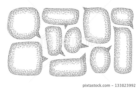Black and white grunge grainy speech bubbles set. Stippling pencil charcoal speech labels collection with noise stipple dots texture. Vector Black and white grunge grainy speech bubbles set. Stippling pencil charcoal speech labels collection with noise stipple dots texture. Vector 133823992