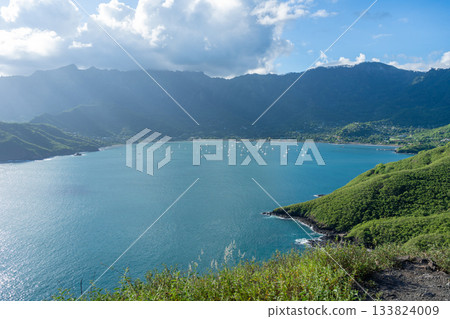 Taiohae Bay and town with anchored sailboats in Nuku Hiva, Marquesas Islands, French Polynesia 133824009