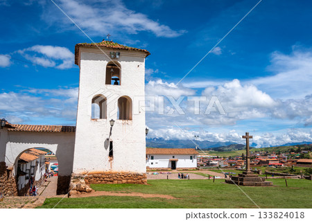 Colonial church in Chinchero, Peru, with white adobe bell tower Colonial church in Chinchero, Peru, with white adobe bell tower 133824018