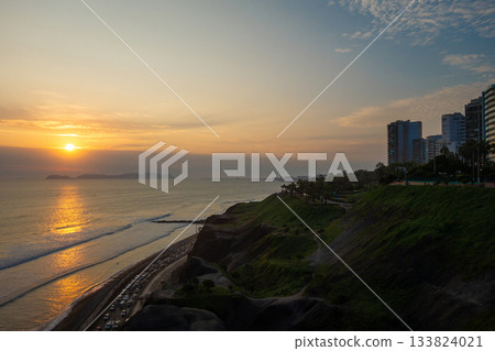 Sunset over the bay and Isla San Lorenzo in Lima, Peru Sunset over the bay and Isla San Lorenzo in Lima, Peru 133824021