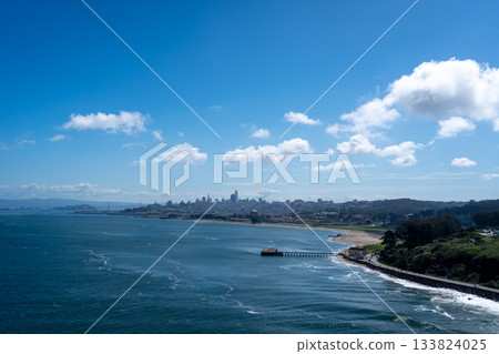 San Francisco skyline and bay view from Golden Gate Bridge San Francisco skyline and bay view from Golden Gate Bridge 133824025
