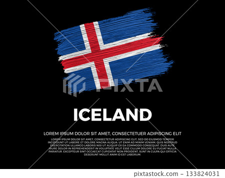 Flag of Iceland. Icelander and Nordic Culture. Vibrant, textured brushstroke effect style. Black background with copy space. Dramatic composition in negative space. 133824031