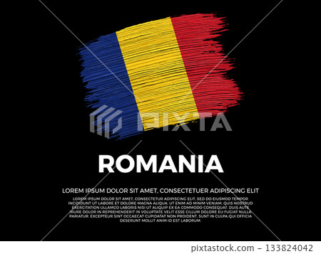 Flag of Romania. Romanian and East European Culture. Vibrant, textured brushstroke effect style. Black background with copy space. Dramatic composition in negative space. 133824042