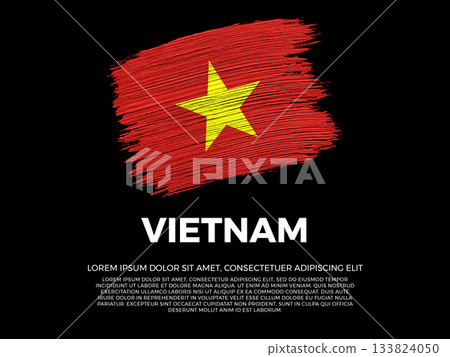 Flag of Vietnam. Vietnamese and Asian Culture. Vibrant, textured brushstroke effect style. Black background with copy space. Dramatic composition in negative space. 133824050