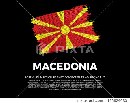 Flag of North Macedonia. Macedonian and Mediterranean Culture. Vibrant, textured brushstroke effect style. Black background with copy space. Dramatic composition in negative space. 133824080